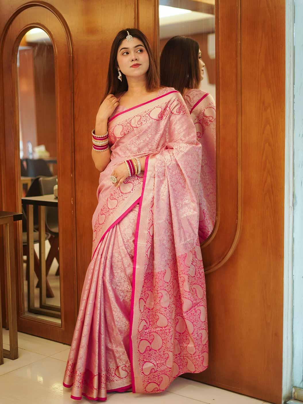 KanchiPuram Soft Silk Katan Saree- Pink Color - Image 2